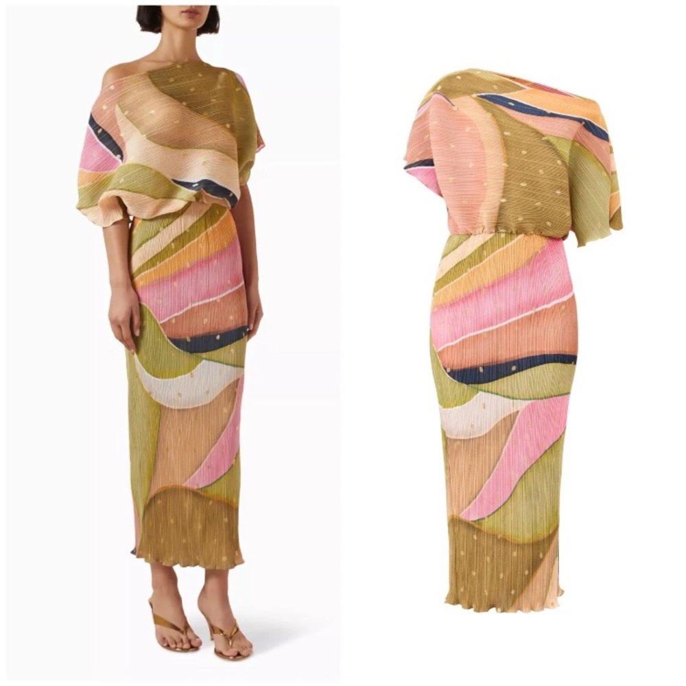 $298 NWOT Never Fully Dressed Tilly Abstract Plissé Pleated Maxi Dress Size L